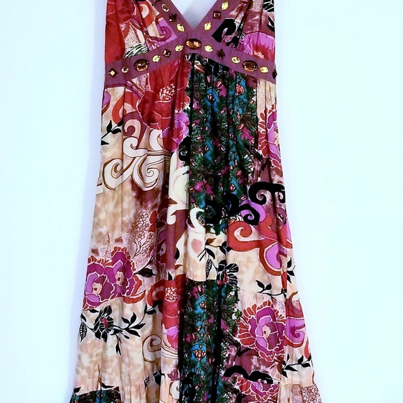 Halter Floral Beaded Patch Work Summer Maxi Beach casual Dress size S - Picture 1 of 12